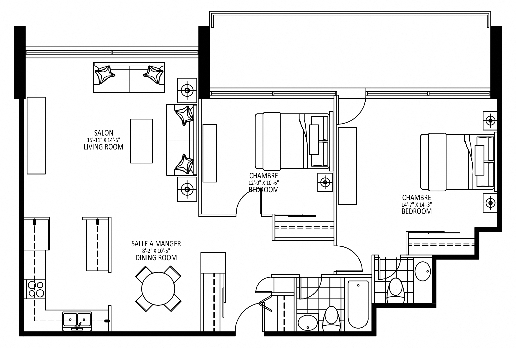 Floor plan for 2 beds, 1.5 baths, 970 sqft
